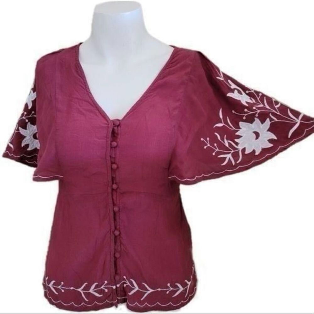 Lucky Brand small Burgundy boho western wide kimono sleeve blouse peplum embroid